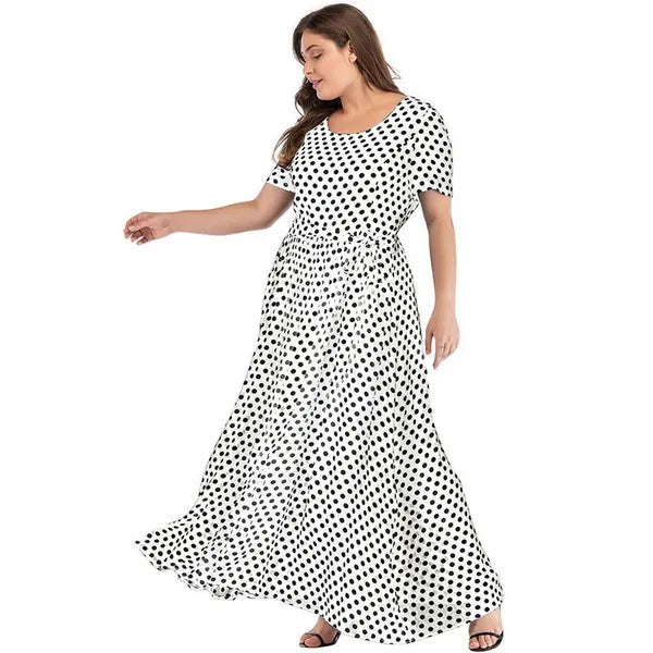 Plus Size Dress Women Summer Short Sleeve Polka Dot Print Boho Beach Dresses Belted Ladies Tunic Loose Oversized Maxi Long Dress 210302