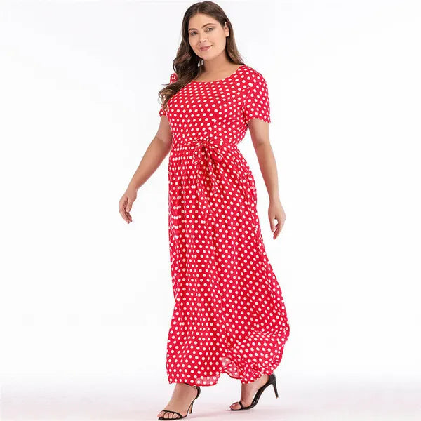 Plus Size Dress Women Summer Short Sleeve Polka Dot Print Boho Beach Dresses Belted Ladies Tunic Loose Oversized Maxi Long Dress 210302