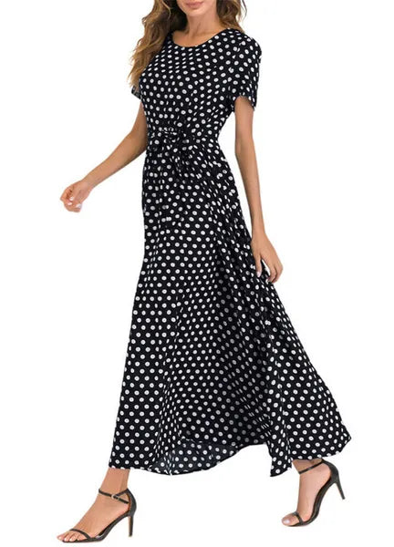 Plus Size Dress Women Summer Short Sleeve Polka Dot Print Boho Beach Dresses Belted Ladies Tunic Loose Oversized Maxi Long Dress 210302