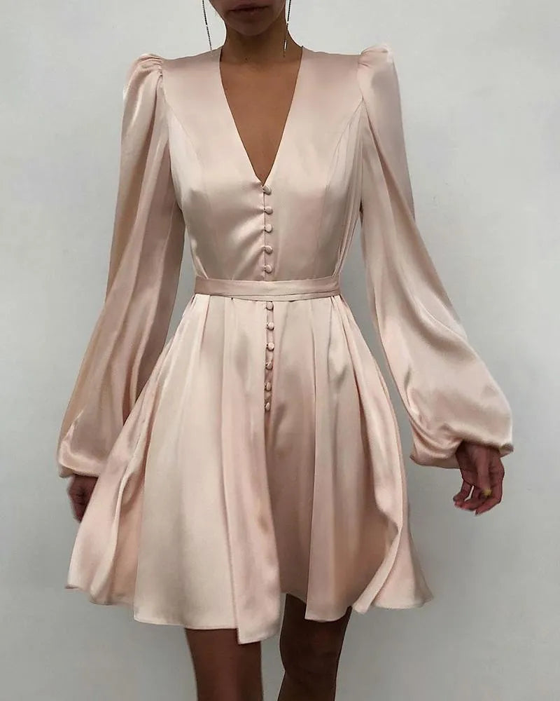 Elegant Satin Women Dresses V-Neck Puff Sleeve Party Robes Femme Plain Ruched Button Front Dress Ladies Outfits