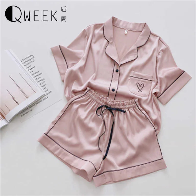 Silk Pajamas for Women Home Suit Heart Embroidered Pyjamas Pj Set Satin Nightwear Sleepwear Pijama Verano Mujer 210928