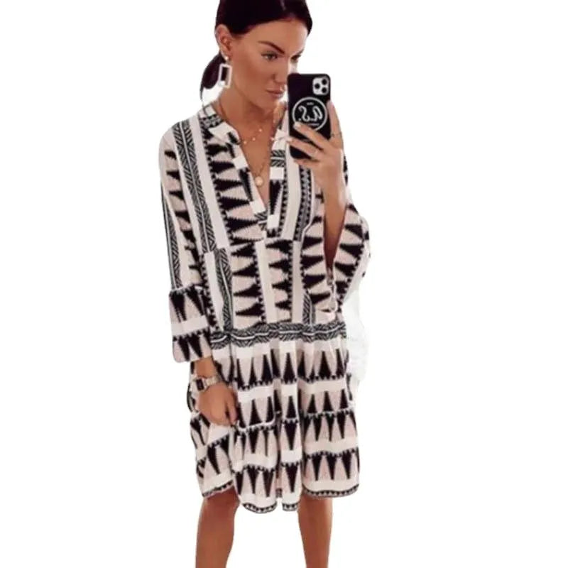 Casual Dresses Summer Dress Geometric Print Woman Long Sleeve V Neck Beach Short For Women 2021 Party Sundress Loose Robe Femme