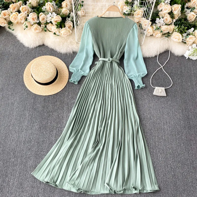 New Women Elegant Maxi Dress Spring Summer Patchwork Puff Long Sleeve Pleated Muslim Long Dresses Ladies Party Dress 220310