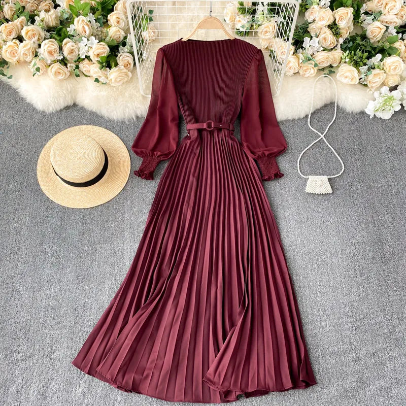 New Women Elegant Maxi Dress Spring Summer Patchwork Puff Long Sleeve Pleated Muslim Long Dresses Ladies Party Dress 220310