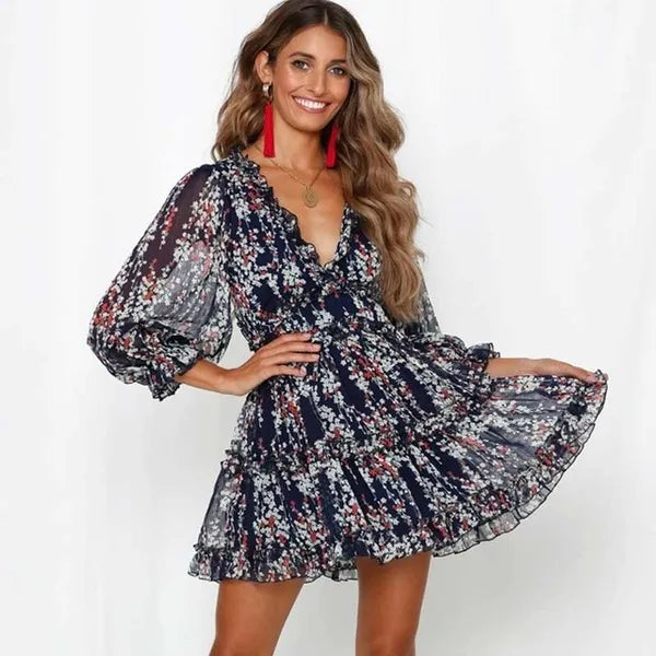 BOHO INSPIRED Harlow Floral Print Ruffle Dress backless V-neck women mini plus size ladies 2021 party 210224