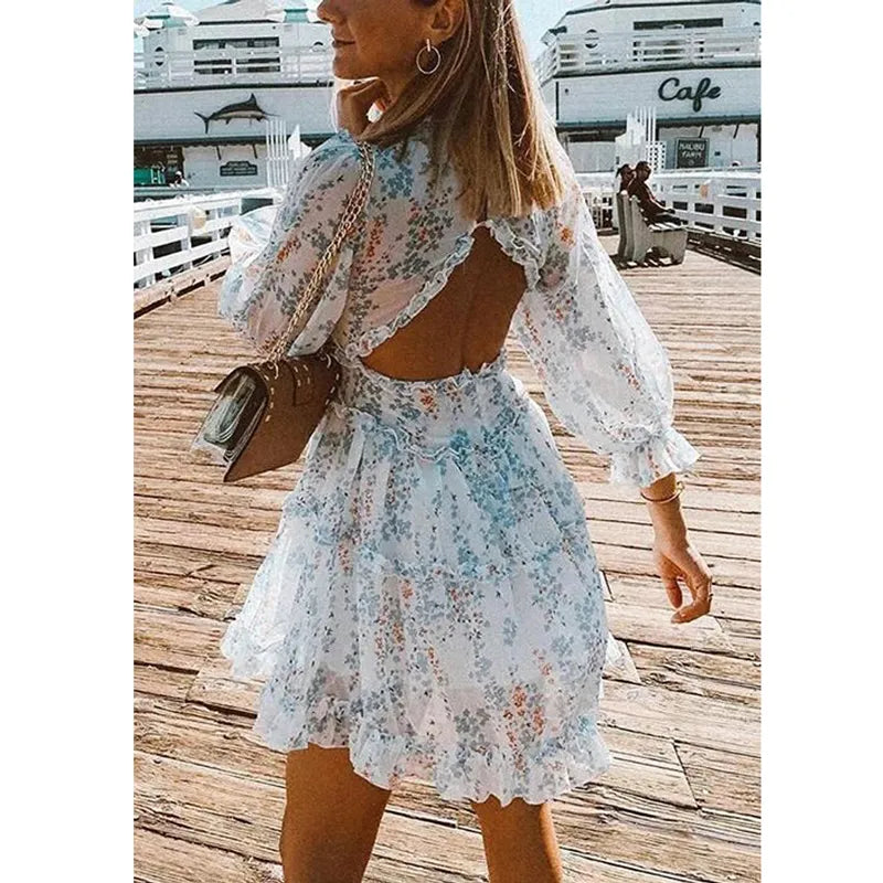 BOHO INSPIRED Harlow Floral Print Ruffle Dress backless V-neck women mini plus size ladies 2021 party 210224