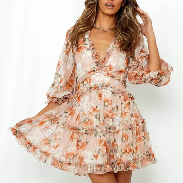 BOHO INSPIRED Harlow Floral Print Ruffle Dress backless V-neck women mini plus size ladies 2021 party 210224