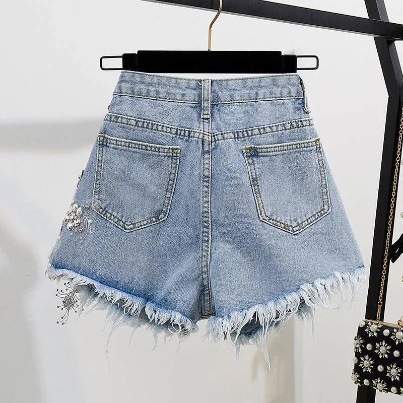 2021 Summer Women 2 Piece Sets Embroidery 3D Flower T-shirt + Denim Shorts Sets Vintage Beading Shorts