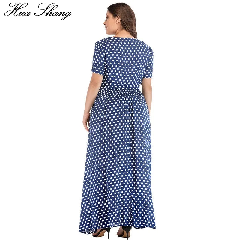 Plus Size Dress Women Summer Short Sleeve Polka Dot Print Boho Beach Dresses Belted Ladies Tunic Loose Oversized Maxi Long Dress 210302