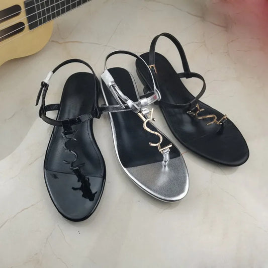 2021 New arrival designer Flat sandals metal strip Black Patent Leather Women Tribute Real Leather Letter Sandals metal buckle women shoes beach flip flops slides