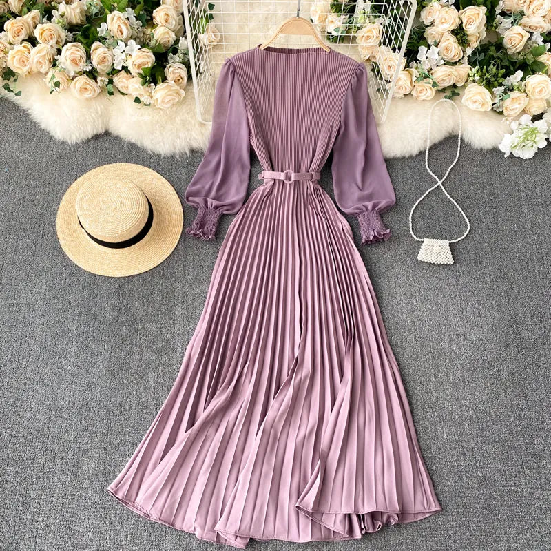 New Women Elegant Maxi Dress Spring Summer Patchwork Puff Long Sleeve Pleated Muslim Long Dresses Ladies Party Dress 220310