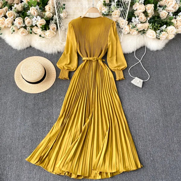 New Women Elegant Maxi Dress Spring Summer Patchwork Puff Long Sleeve Pleated Muslim Long Dresses Ladies Party Dress 220310