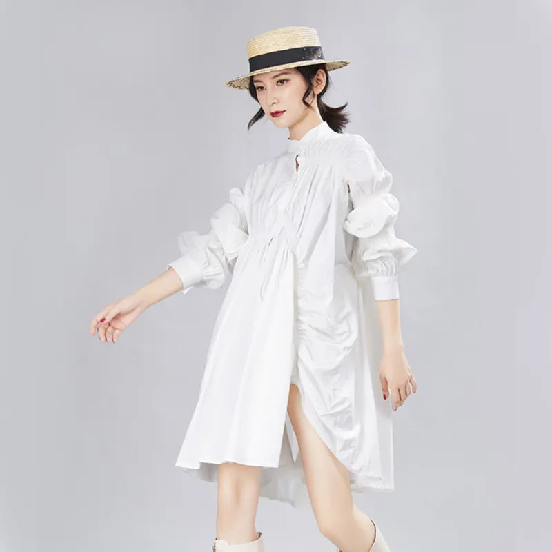 [EAM] Women Big Size Oversize Pleated Dress Stand Neck Long Lantern Sleeve Loose Fit Fashion Spring Autumn 1A331 21512