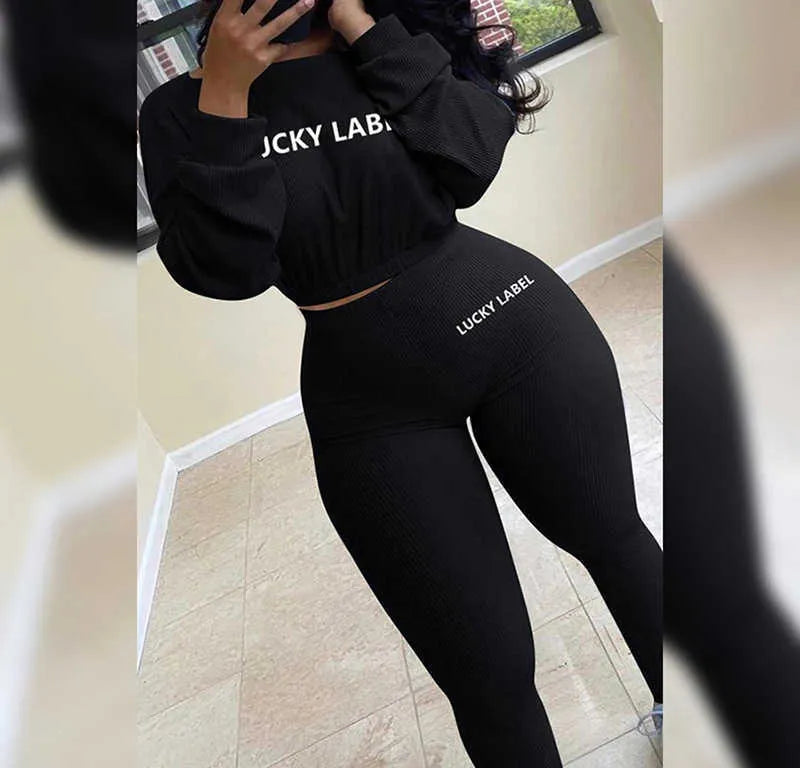 Sports Tracksuit Women Two Piece Set Winter Lucky Label 2 Piece Sets Womens Outfits Sexy Sweatsuits Jogging Femme K20S09006 210712