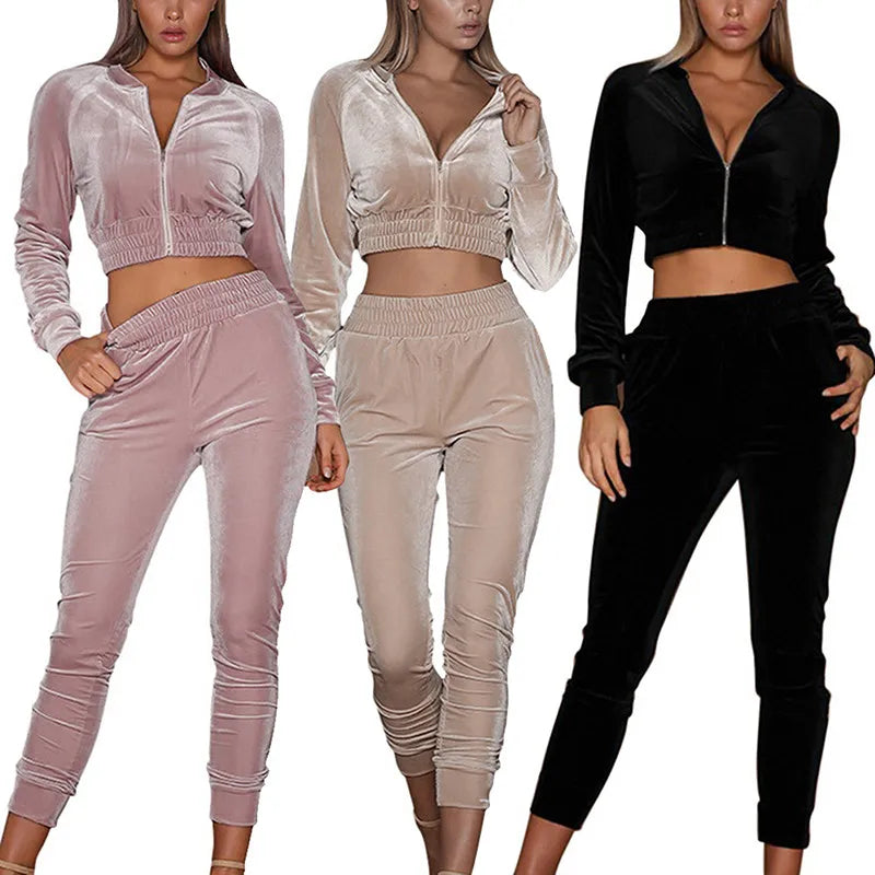 2021 Autumn Women Tracksuits Two Piece Velour Gym Outfit Long Sleeve Crop+Pant Velvet Set for Woman Sport Suit