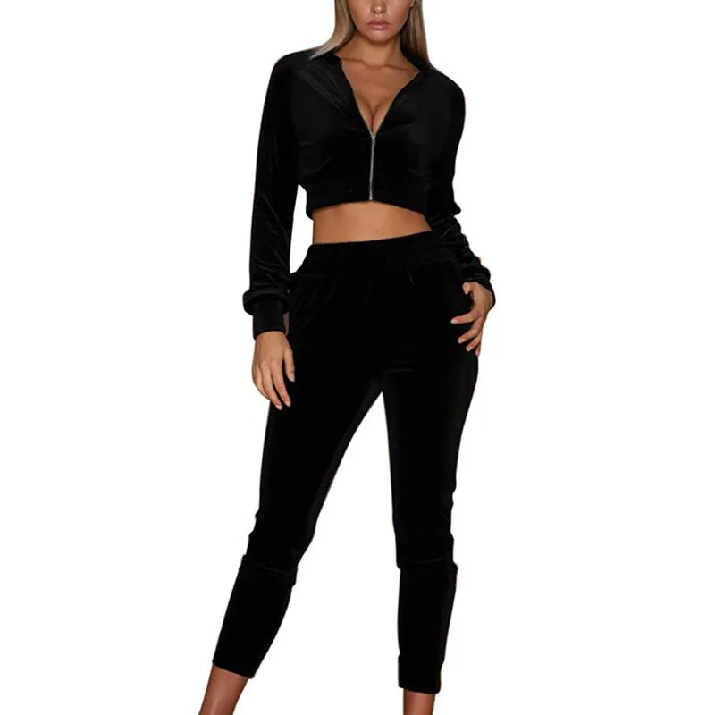 2021 Autumn Women Tracksuits Two Piece Velour Gym Outfit Long Sleeve Crop+Pant Velvet Set for Woman Sport Suit