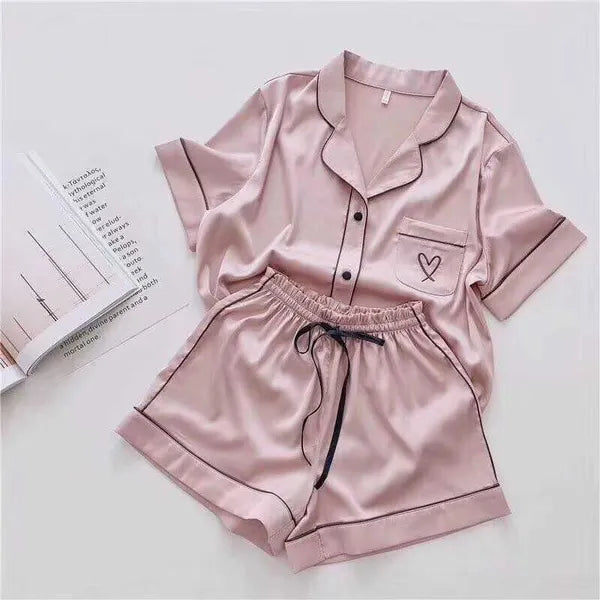 Silk Pajamas for Women Home Suit Heart Embroidered Pyjamas Pj Set Satin Nightwear Sleepwear Pijama Verano Mujer 210928