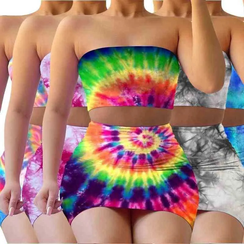 Swimsuit Bra outfits Summer Women Designer Casual Print Tie Dye Bra Skirt Two piece Sets Women Fashion Sexy Casual Clothing