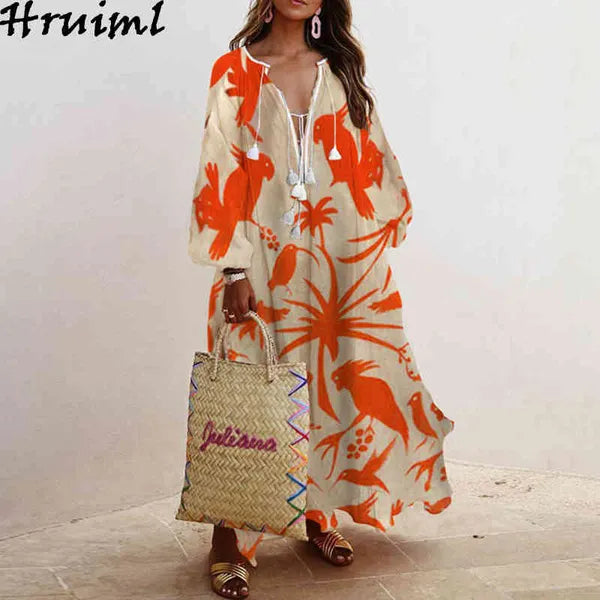 Plus Size Maxi Dresses for Women Fashion Print Long Sleeve V Neck Female Boho Dress Oversize Big Swing Party Club Autumn 210513