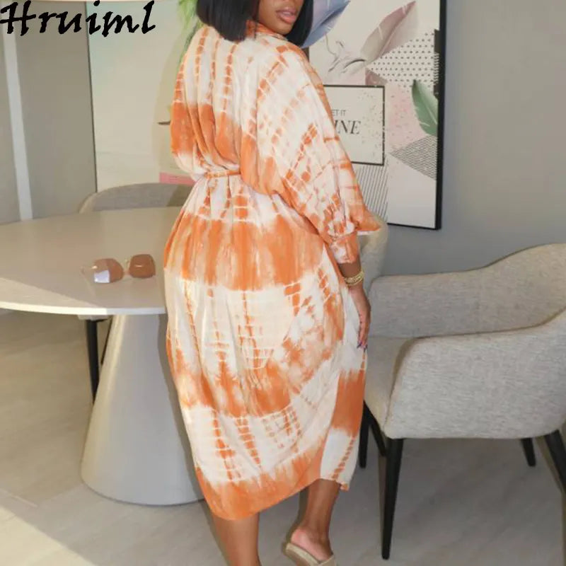 Plus Size Dress for Women Batwing Sleeve Loose Ladies Maxi Oversize Sashes Nightwear Casual Autumn Orange Home Clothes 210513