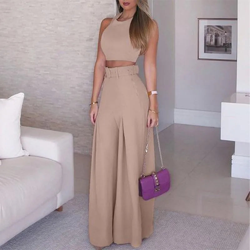 Women's Two Piece Pants Women Suits No Belt Sleeveless Halter Cropped Tops Sashes Wide Leg High Waist Straight 2 Female Sets Summer Streetwear