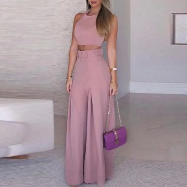 Women's Two Piece Pants Women Suits No Belt Sleeveless Halter Cropped Tops Sashes Wide Leg High Waist Straight 2 Female Sets Summer Streetwear