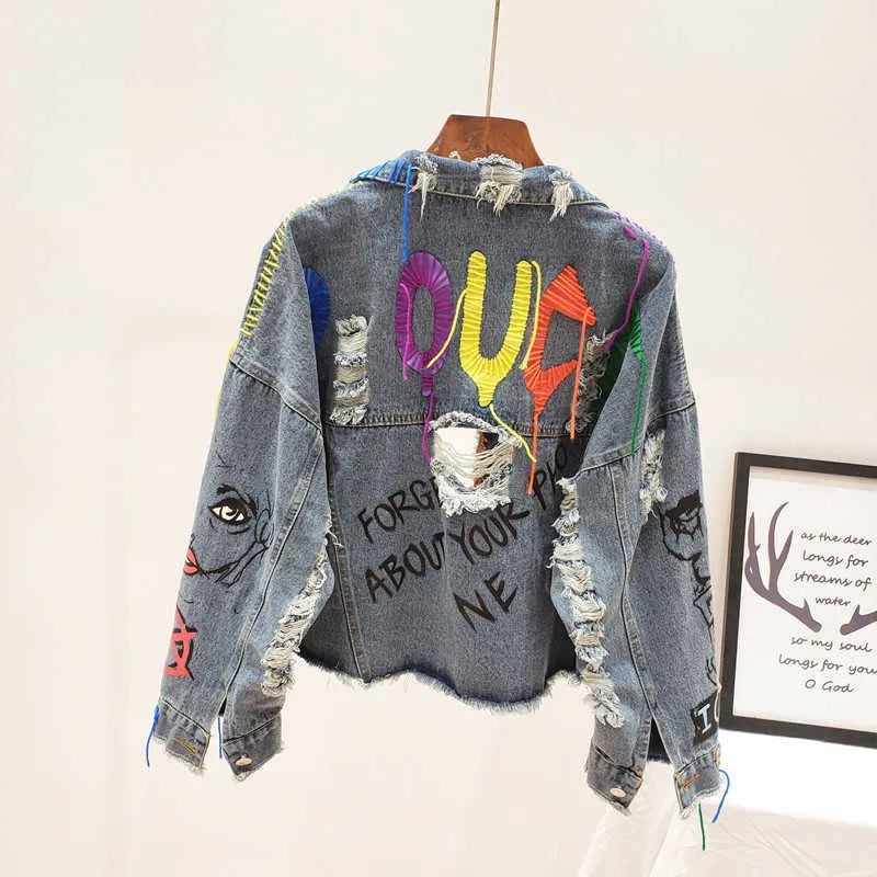 Women's Jackets Spring Autumn New Women Street Fashion Graffiti Denim Jacket Female Personality Short Raw Cut Rivet Fringe Jean Coat Y0827