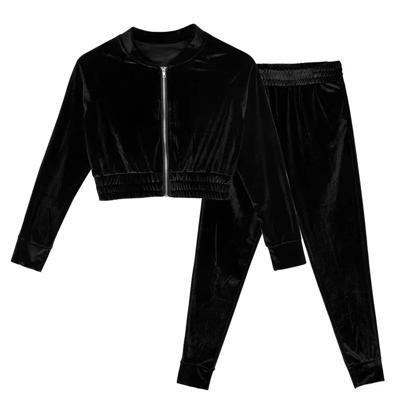 2021 Autumn Women Tracksuits Two Piece Velour Gym Outfit Long Sleeve Crop+Pant Velvet Set for Woman Sport Suit