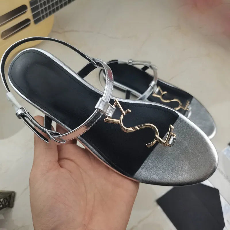 2021 New arrival designer Flat sandals metal strip Black Patent Leather Women Tribute Real Leather Letter Sandals metal buckle women shoes beach flip flops slides