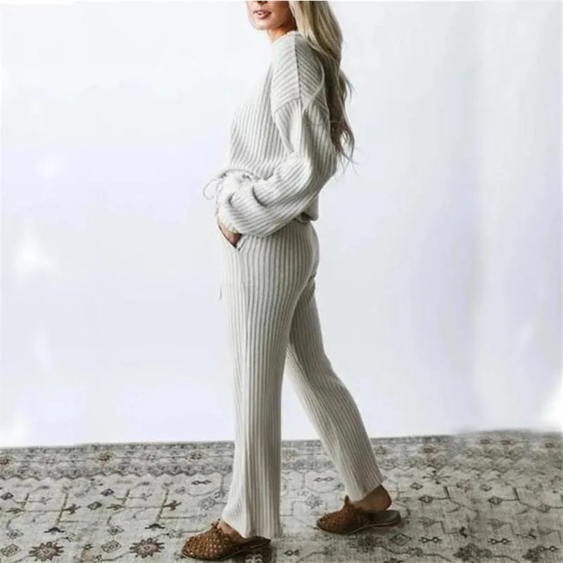 Women's Tracksuits Two Piece Set Lady Autumn Winter Casual Homewear Women Pullover Sweater Tracksuit High Waist Knit Wide Leg Pants 2 Suits