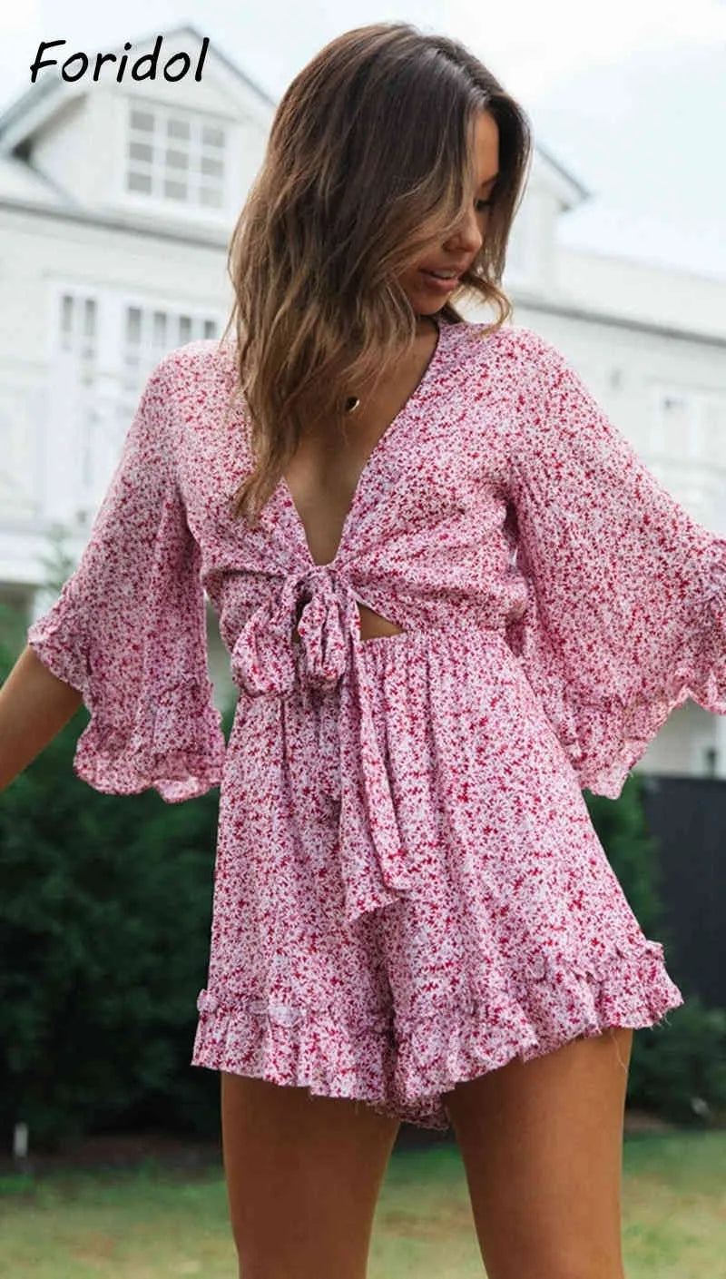 Bell Sleeve Floral Boho Playsuit Romper Spring Summer Women Beach Playsuit Elegant V Neck Pink Romper Women Fashion 210415