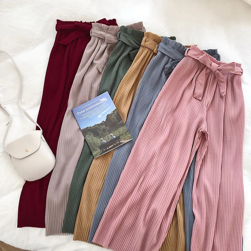 Autumn Wide Leg Pants Women Casual High Waist Pants with Bow Belt New Pleated Pant Trousers Femme 210419