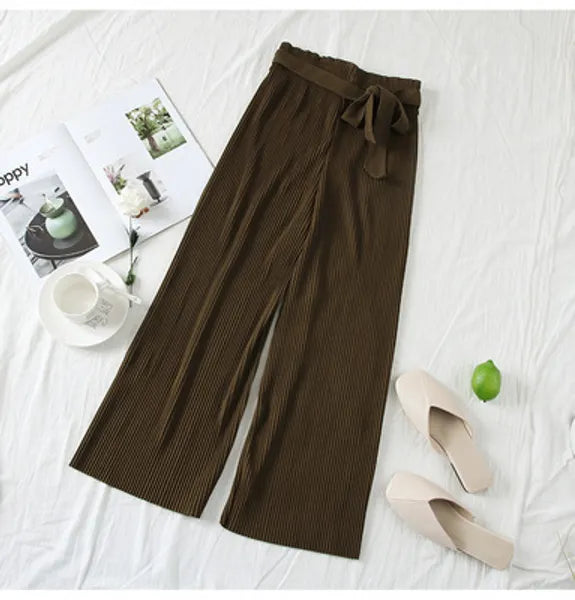 Autumn Wide Leg Pants Women Casual High Waist Pants with Bow Belt New Pleated Pant Trousers Femme 210419