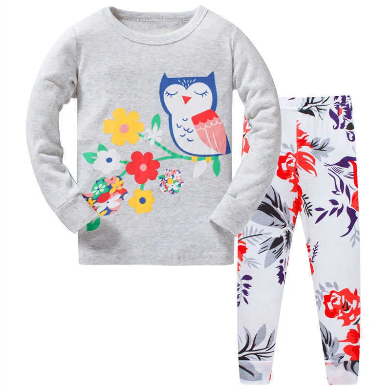 Baby Girl Spring Autumn Clothing Pyjamas Owl Flowers Print Cute Infantil Kids Sleepwear Clothes Set Cotton Children Pijamas 210529