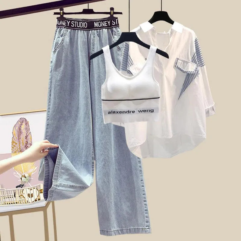 Women's Two Piece Pants Woman Jeans High Waist Clothes Wide Leg Denim Blue Streetwear Vintage Quality Fashion Harajuku Straight Three Sets