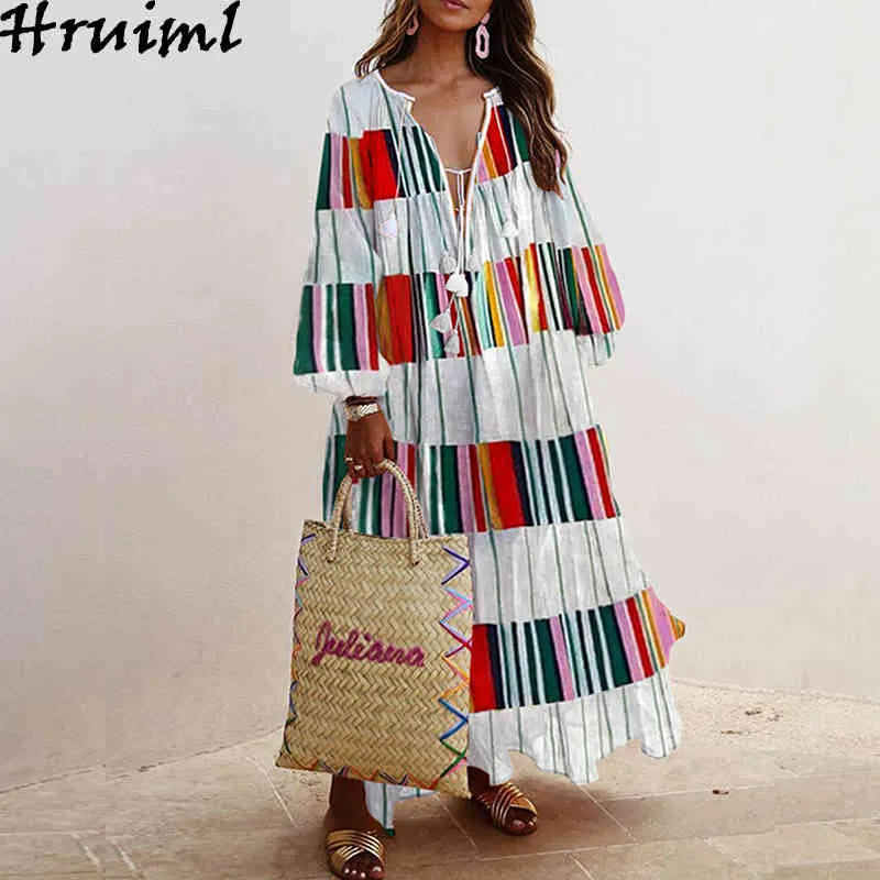 Plus Size Maxi Dresses for Women Fashion Print Long Sleeve V Neck Female Boho Dress Oversize Big Swing Party Club Autumn 210513