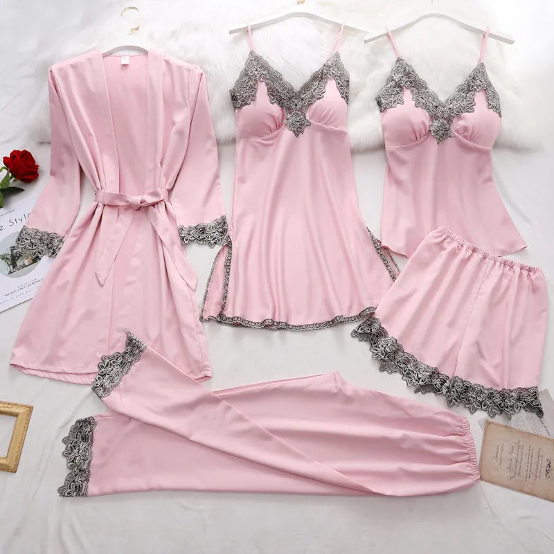 Spring Women Pajamas 5 PCS Satin Sleepwear Pijama Lace Home Wear Clothing Embroidery Sleep Pyjama with Chest Pads SY030105 fromxiaomi youpin