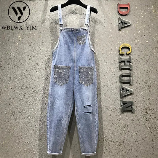 Women's Jumpsuits & Rompers Spring Denim Jumpsuit Women High Waist Wide Leg Romper Hole Jeans Overalls Female Summer Sleeveless Rhinestone