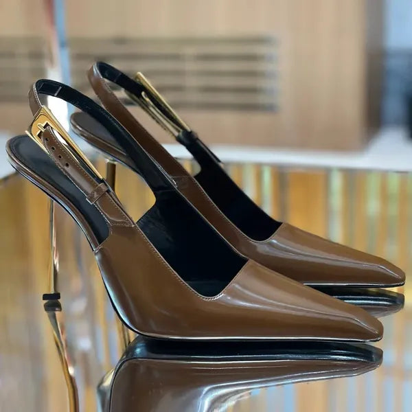 23 Leather buckle Slingback Pumps shoes stiletto Heels sandals 9cm women's Luxury Designer Dress square pointed toe Evening shoes office womandress whitedress