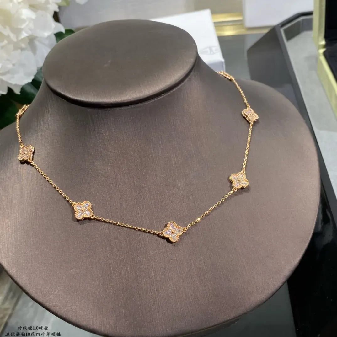 Luxury 10 Diamond Clover Necklace Brand Fashion Vans Cleef Necklace High Quality 18k Gold Designer Necklace with Box for Women's Jewelry