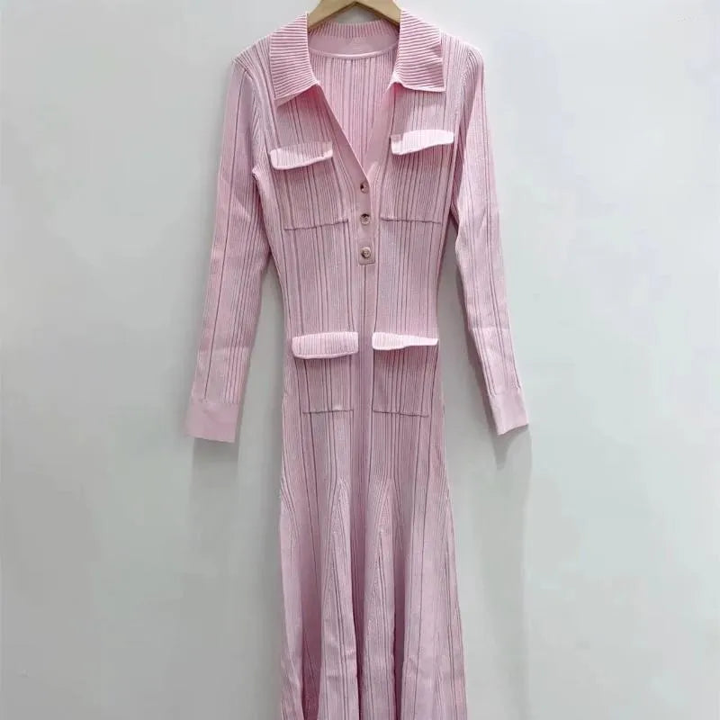 Casual Dresses Women Pink Knit Midi Dress Turn-Down Collar Pockets 2023 Spring Slim Elegant Female Long Sleeve Robe With Buttons