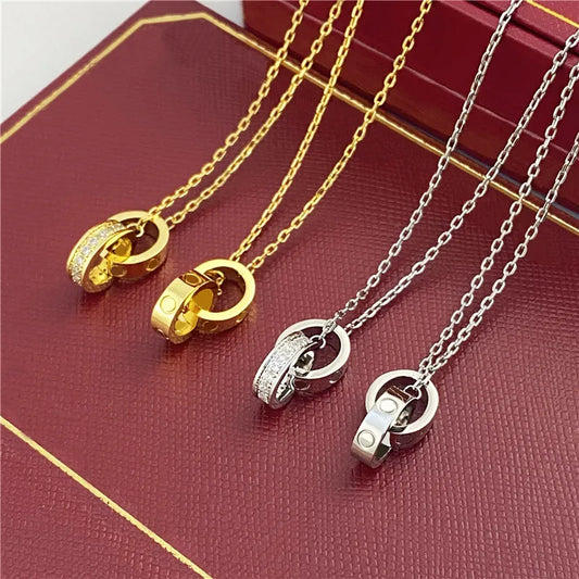 choker womens necklace for woman love jewelry gold pendant dual ring stainless steel jewlery fashion oval interlocking rings Clavicular chain necklaces designer