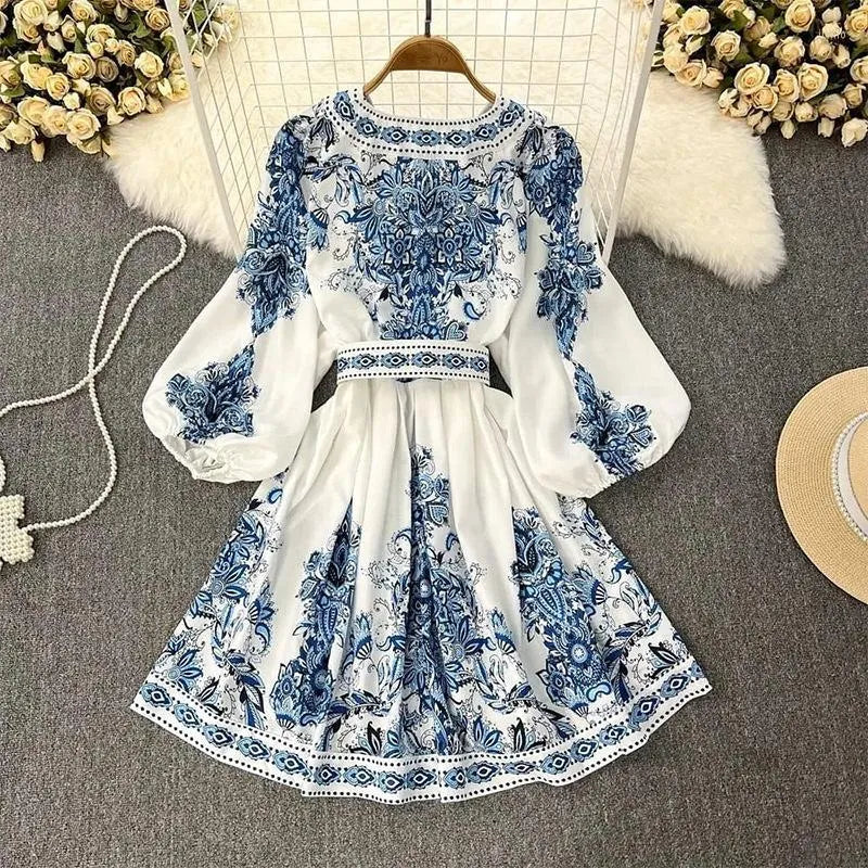 Casual Dresses Women Bohemian Dress 2023 Spring Summer Print Long Lantern Sleeve V Neck Corset Slim Button Pleated Vacation