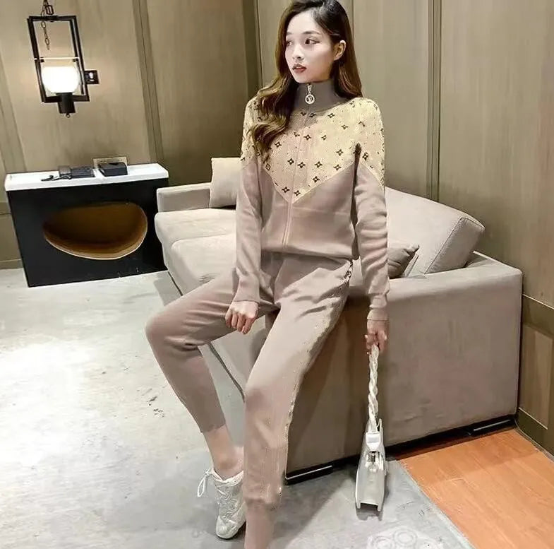 Women's Tracksuits Knit Zip Cardigan Tops Pants Suit 2PCS Sets Luxury Designer Jacket Coat Woman Casual Sweater Trousers Suits