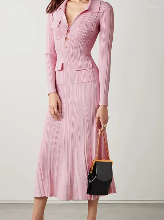 Casual Dresses Women Pink Knit Midi Dress Turn-Down Collar Pockets 2023 Spring Slim Elegant Female Long Sleeve Robe With Buttons