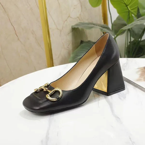 Brand retro classic women's dress shoes spring and autumn fashion cowhide square toe thick heel high heels 100% genuine leather metal buckle 1