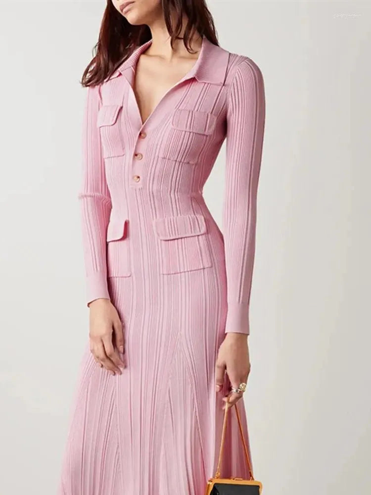 Casual Dresses Women Pink Knit Midi Dress Turn-Down Collar Pockets 2023 Spring Slim Elegant Female Long Sleeve Robe With Buttons