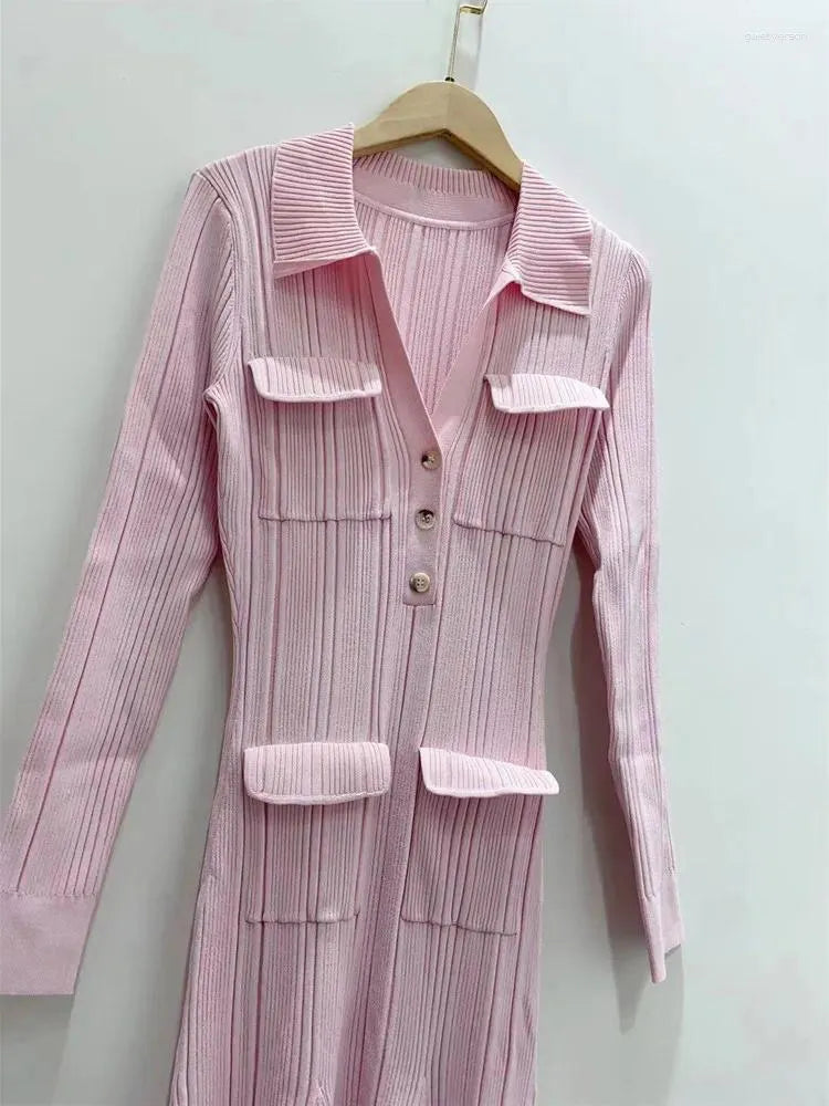 Casual Dresses Women Pink Knit Midi Dress Turn-Down Collar Pockets 2023 Spring Slim Elegant Female Long Sleeve Robe With Buttons