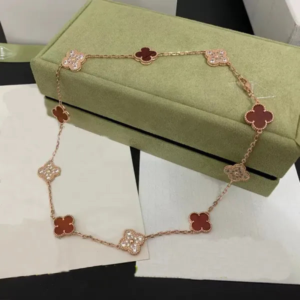 Luxury 10 Diamond Clover Necklace Brand Fashion Vans Cleef Necklace High Quality 18k Gold Designer Necklace with Box for Women's Jewelry