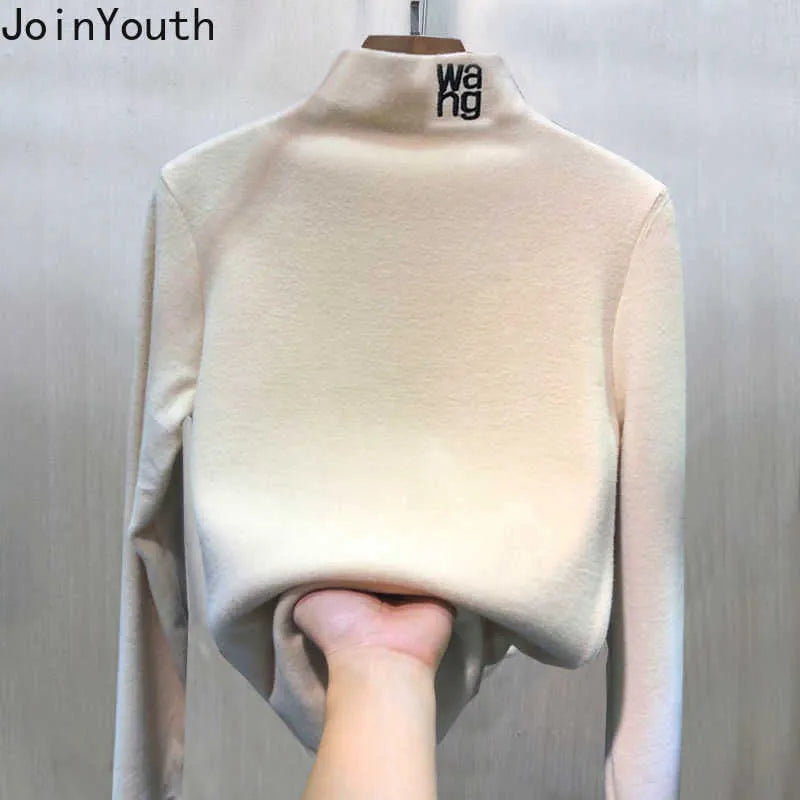 Joinyouth Half Turtleneck Women Shirt 2020 Korean Tops Fashion Tshirts Embroidery Letter Long Sleeve Tees Roupas Female Clothes X0628